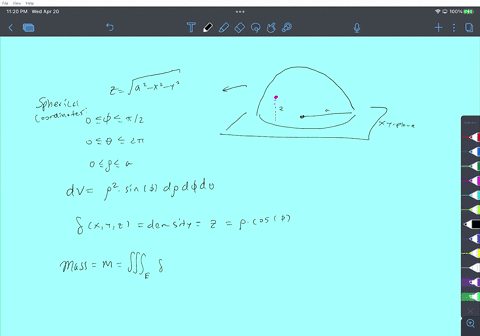 find-the-mass-and-center-of-mass-of-a-solid-hemisphere-of-radius-a-if-the-density-at-any-point-is-2-24646