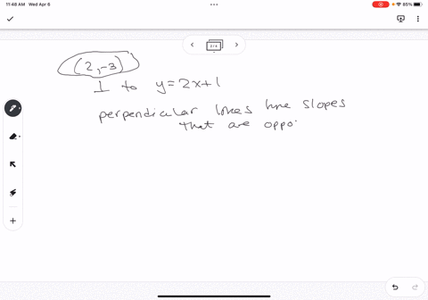 points-find-the-equation-of-a-line-that-passes-through-the-point-2-3-and-perpendicular-to-the-line-y-2x-1-give-your-answer-in-slope-intercept-form-76503