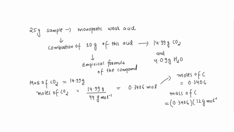 you-are-given-a-250-g-sample-of-a-monoprotic-weak-acid-you-are-assigned-to-find-the-molar-mass-of-this-acid-a-combustion-of-100-g-of-this-acid-gives-1499-g-co2-and-409-g-h2o-what-is-the-empi-62802