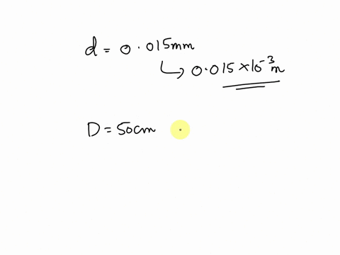 monochromatic-light-that-is-light-of-a-single-wavelength-passes-through-two-slits-separated-by-0015-mm-and-then-strikes-screen-located-50-cm-away-the-separation-between-bright-fringes-in-the-57374