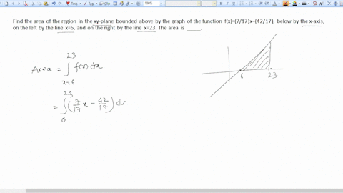 find-the-area-of-the-region-in-the-xy-plane-bounded-above-by-the-graph-of-the-function-fx717x4217-below-by-the-x-axis-on-the-left-by-the-line-x6-and-on-the-right-by-the-line-x23-the-area-is-26249