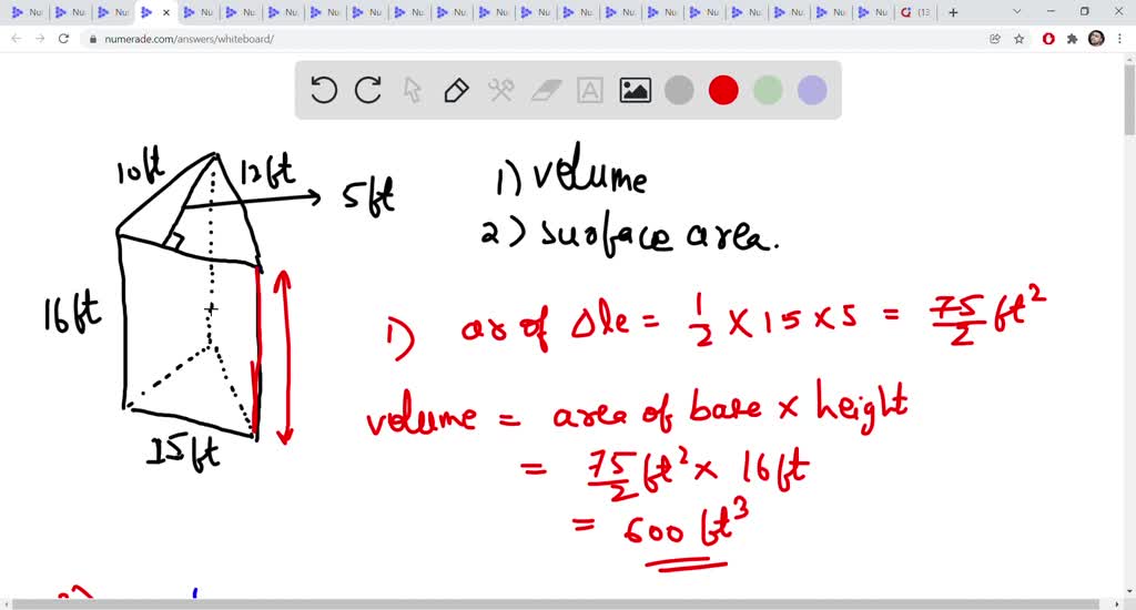A triangular prism has the following measurements Base length 10 ft