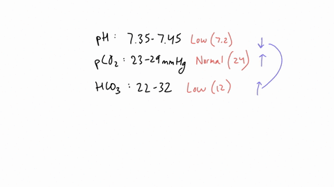 a-22-year-old-female-patient-with-type-1-diabetes-presents-with-abdominal-pain-and-t-1001-arterial-blood-gases-reveal-ph-72-pco2-of-24-hco3-12-what-other-finding-would-you-expect-on-this-patient-decre