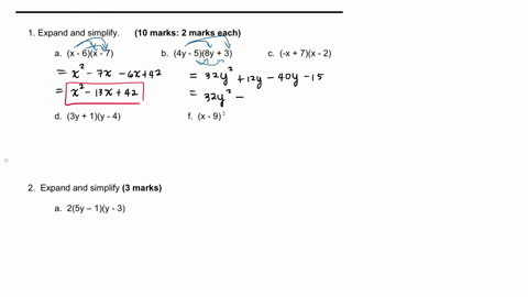 1-expand-and-simplify-10-marks-2-marks-each-a-x-6x-7-b-4-y-58-y3-c-x7x-2-d-3-y1y-4-f-x-92-2-expand-and-simplify-3-marks-a-25-y-1y-3