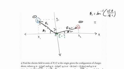 a-find-the-electric-field-in-units-of-n-c-at-the-origin-given-the-configuration-of-charges-above-where-q_1-is-82-mu-mathrmc-and-q_2-is-83-mu-mathrmc-q_1-is-at-181-m-hati156-m-hatj-and-q_2-is-at-139-m