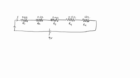 a-battery-of-9v-is-connected-in-series-with-resistors-02-ohms-03-ohm-04-ohm-05-ohm-and-12-ohm-respectively-how-much-current-will-flow-through-12-ohm-resistor
