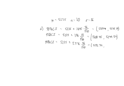 in-a-company-mean-salary-of-the-20-engineers-is-5225-assuming-that-the-salaries-are-normally-distributed-with-a-standard-deviation-of-56-a-calculate-90-95-and-99-confidence-intervals-for-the-mean-b-fi