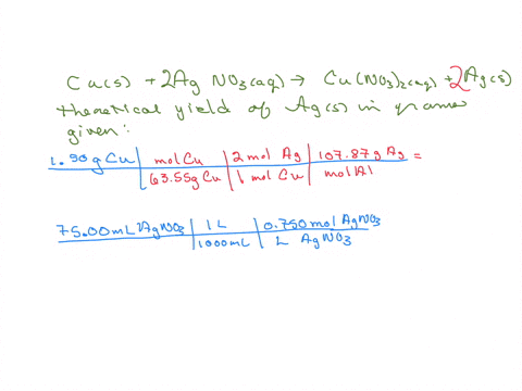 cus-2agno3aq-cuno32aq-2agsa-what-is-the-theoretical-yield-of-silver-metal-in-grams-formed-when-150g-of-copper-wire-is-placed-in-7500-ml-of-0750-m-silver-nitrateb-what-is-the-actual-yield-of-26658