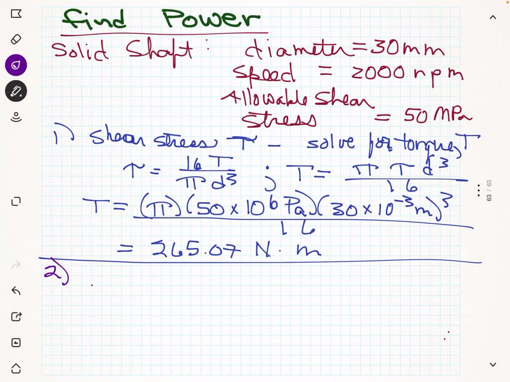 A solid shaft of diameter 30 mm has a speed of 2000 rpm. Calculate the ...