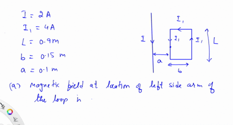fg_-a-current-in-the-long-straight-wire-is-2-a-the-wire-lies-in-the-plane-of-the-rectangular-loop-see-fig-2-which-carries-a-current-i1-44-the-dimensions-of-the-loop-are-l-09-m-and-b-015-m-di-76392