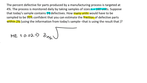 the-percent-defective-for-parts-produced-by-a-manufacturing-process-is-targeted-at-4-the-process-is-monitored-daily-by-taking-samples-of-sizes-n-160-units-suppose-that-todays-sample-contains-54003