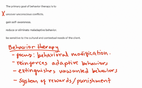 the-primary-goal-of-behavior-therapy-is-to-uncover-unconscious-conflicts-gain-self-awareness-reduce-or-eliminate-maladaptive-behavior-be-sensitive-to-the-cultural-and-contextual-needs-of-the-client