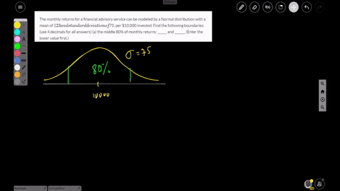 the-monthly-returns-for-a-financial-advisory-service-can-be-modeled-by-a-normal-distribution-with-a-mean-of-123-and-standard-deviation-of-75-per-10000-invested-find-the-following-boundaries-91808