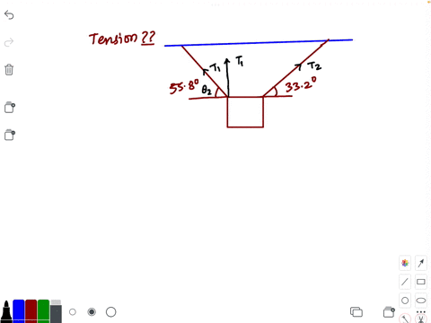 find-the-tension-forces-on-the-strings-attached-to-a-box-hanging-on-the-ceiling-at-both-ends-making-angles-of-332-degrees-and-558-degrees-respectively-from-the-horizontal-99191