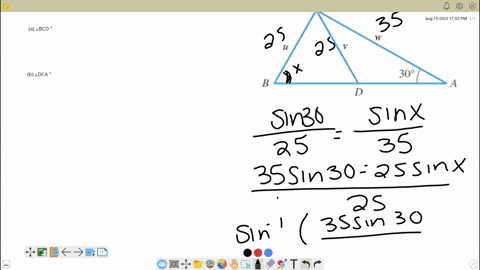 for-the-triangle-shown-find-the-following-assume-u-v-25-and-w-35-round-your-answers-to-one-decimal-place-a-bcd-b-dca