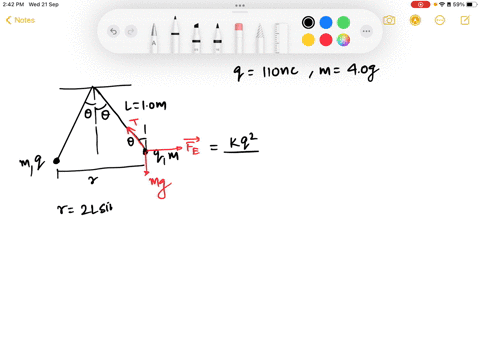 two-m-40-g-point-charges-on-0-m-long-threads-repel-each-other-after-being-charged-to-q-110-nc-shown-in-the-figure_-figure-1-part-a-what-is-the-angle-0-you-can-assume-that-0-is-small-angle-ex-75437