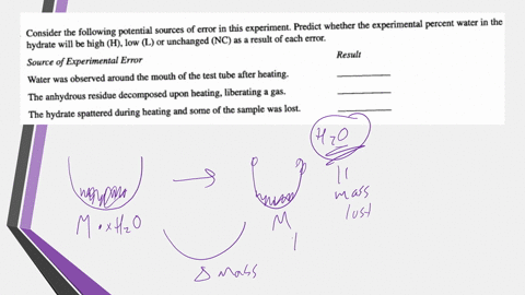 predict-wbethcr-the-experimental-percent-water-in-the-consider-the-following-potential-sources-of-error-in-this-experiment-hydrate-will-be-high-h-low-l-or-unchanged-nc-as-result-of-each-erto-81117