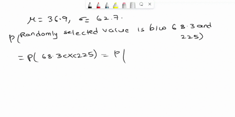 a-distribution-of-values-is-normal-with-a-mean-of-369-and-a-standard-deviation-of-627-find-the-probability-that-a-randomly-selected-value-is-between-683-and-225-p683-x-225-31135