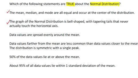 which-of-the-following-statements-are-true-about-the-normal-distribution-check-all-that-apply-the-mean-median-and-mode-are-all-equal-and-occur-at-the-center-of-the-distribution-the-graph-of-75781