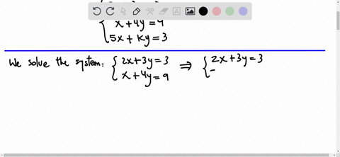 determine-the-value-of-k-such-that-the-following-system-of-linear-equations-has-a-solution-and-then-find-the-solution-2x-3y-3-x-4y-9-5x-ky-3-k-x-y-21274