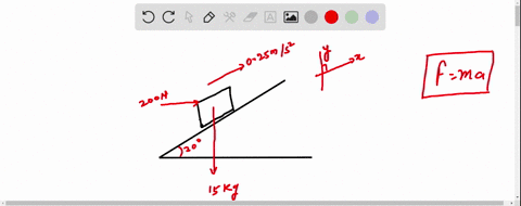 a-horizontal-force-of-200-n-is-required-to-cause-a-15-kg-block-to-slide-up-a-20-incline-with-an-acceleration-of-025-mls-find-a-the-frictional-force-on-the-block-and-b-the-coefficient-of-fric-99303