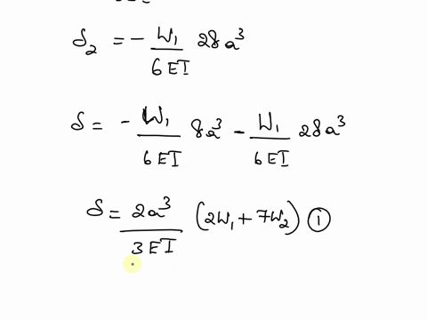 a-horizontal-cantilever-of-length-3a-carries-two-loads-w1-at-a-distance-a-from-the-fixed-end-and-w2-at-a-distance-a-from-the-free-end-show-that-the-expression-for-the-deflection-at-the-free-10746