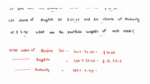 if-you-own-100-shares-of-air-line-inc-at-4250-250-shares-of-buyrite-at-5325-and-350-shares-of-motorcity-at-775-what-are-the-portfolio-weights-of-each-stock-53438