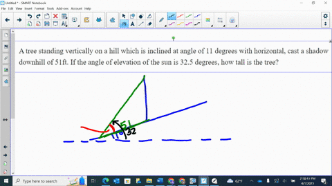 a-tree-standing-vertically-on-a-hill-which-is-inclined-at-angle-of-11-degrees-with-horizontal-cast-a-shadow-downhill-of-51ft-if-the-angle-of-elevation-of-the-sun-is-325-degrees-how-tall-is-t-21936