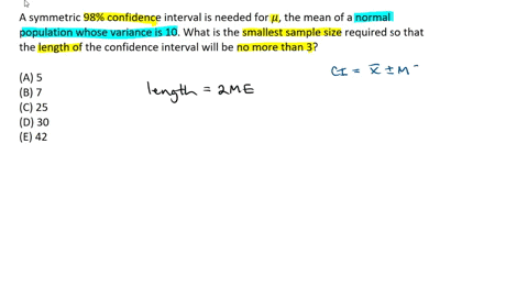 a-symmetric-98-confidence-interval-is-needed-for-p-the-mean-of-a-normal-population-whose-variance-is-10-what-is-the-smallest-sample-size-required-so-that-the-length-of-the-confidence-interval-will-be