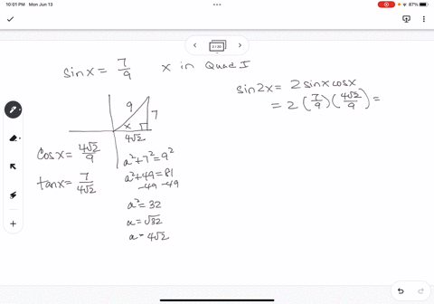 if-sin-x79-and-x-is-in-quadrant-i-find-the-exact-value-of-sin2x-cos2x-and-tan2x-algebraically-without-solving-for-x-enclose-numerators-and-denominators-in-parentheses-for-example-ab1n-sin2x-16845
