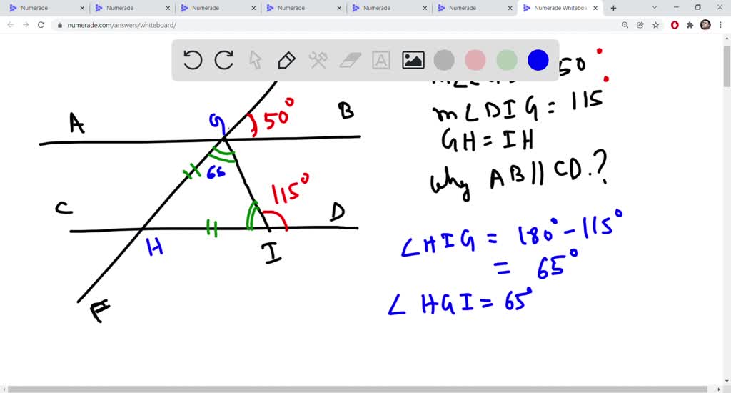 in the diagram below ef intersects ab and cd at g and h respectively gi is  drawn such that gh mzegb 50 and madig 115explain why ab cd 4 pts 07004