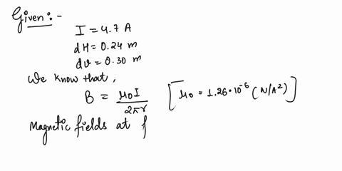 the-drawing-shows-two-perpendicular-long-straight-wires-both-of-which-lie-in-the-plane-of-the-paper-the-current-in-each-of-the-wires-is-i-47-a-in-the-drawing-dh-024-m-and-dv-030-m-find-the-m-52067