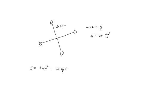 a-four-identical-masses-rotate-about-a-common-axis-12-meters-from-the-center-each-mass-is-25-kg-and-the-system-rotates-at-2-radsec-the-rods-connecting-them-are-assumed-to-be-massless-find-th-87484