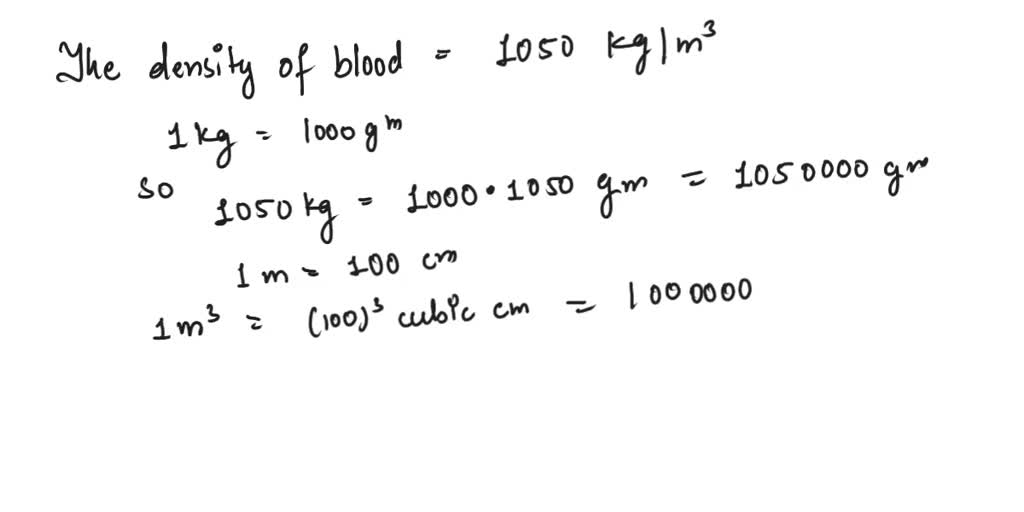 SOLVED The density of blood is 1050 kg/m^3. What is the density in g/cm^3?