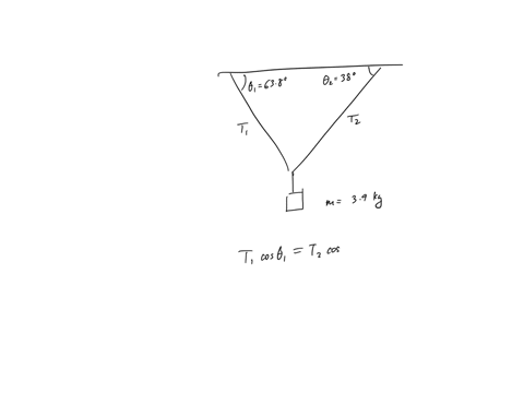 a-390-kg-box-is-suspended-from-a-system-of-massless-wires-attached-to-a-ceiling-the-first-wire-makes-an-angle-of-01-6383-with-the-ceiling-whereas-the-second-wire-makes-an-angle-of-02-380-wit-32465