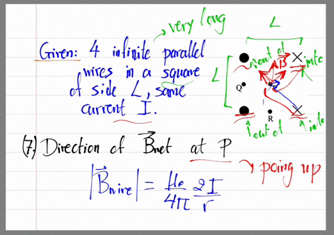 there-are-four-infinite-parallel-currents-arranged-as-shown-below-determine-the-direction-of-the-net-magnetic-field-at-point-p-determine-the-magnitude-of-the-field-at-point-p