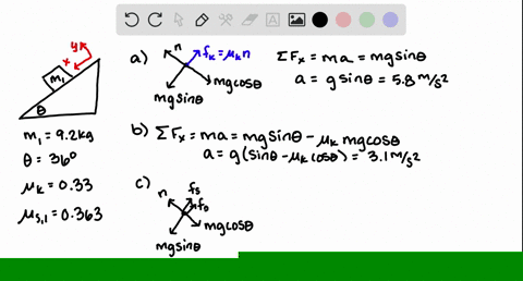 a-block-with-mass-m1-92-kg-is-on-an-incline-with-an-angle-36-with-respect-to-the-horizontal-for-the-first-question-there-is-no-friction-but-for-the-rest-of-this-problem-the-coefficients-of-f-82058