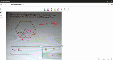 find-the-area-of-a-regular-hexagon-with-radius-length-8-cm-if-necessary-write-your-answer-in-slmplified-radical-form-8-cm-area-cm-61511