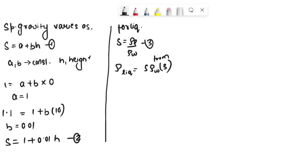 SOLVED The specific gravity of a liquid varies linearly from 1.0 at