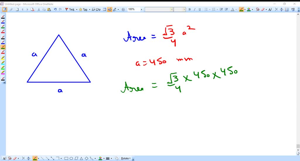 SOLVED what is the area of on equilateral triangle of side 450mm?