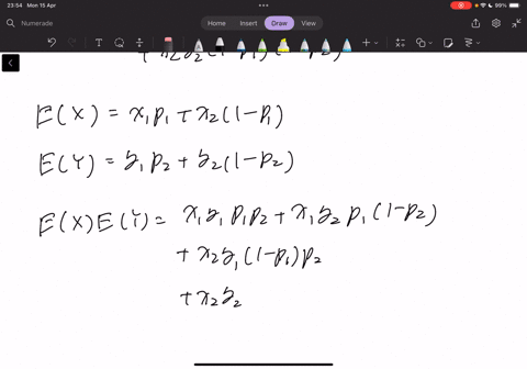 let-x-and-y-be-two-discrete-rvs-pleftxx_1rightp_1-quad-pleftxx_2right1-p_1-and-pleftyy_1rightp_2-quad-pleftyy_2right1-p_2-show-that-x-and-y-are-independent-if-and-only-if-the-covariance-between-x-and