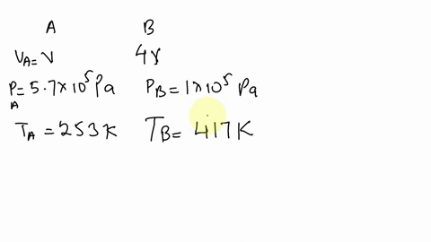 two-containers-a-and-b-hold-the-same-ideal-gas-the-volume-of-b-is-four-times-the-volume-of-a-they-are-connected-by-a-thin-tube-and-a-closed-valve-the-gas-in-a-at-a-pressure-57-x10-pa-and-tem-60942