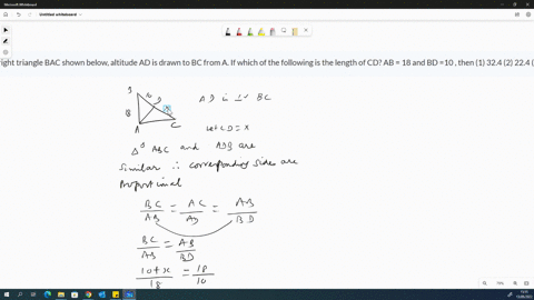 in-right-triangle-bac-shown-below-altitude-ad-is-drawn-to-bc-from-a-if-which-of-the-following-is-the-length-of-cd-ab-18-and-bd-10-then-1-324-2-224-3-188-4-s5-99845