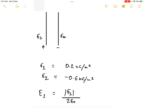 two-infinite-parallel-surfaces-carry-uniform-charge-densities-of-020-ncm-and-06-ncm2-what-is-the-magnitude-of-the-electric-field-at-a-point-between-the-two-surfaces-10013