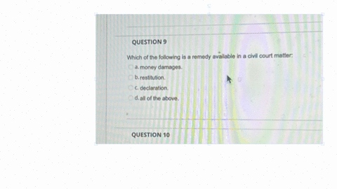 question-9-which-of-the-following-is-a-remedy-available-in-a-civil-court-matter-a-money-damages-b-restitution-c-declaration-d-all-of-the-above-4-qquad-question-10