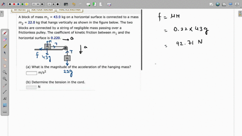 block-of-mass-m1-430-kg-on-horizontal-surface-is-connected-to-a-mass-m2-220-kg-that-hangs-vertically-as-shown-in-the-figure-below-the-two-blocks-are-connected-by-a-string-of-negligible-mass-80921