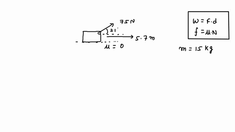 a-150-kg-block-is-dragged-over-a-rough-horizontal-surface-by-a-75-n-force-acting-at-21-above-the-horizontal-the-block-is-displaced-57-m-and-the-coefficient-of-kinetic-friction-is-0150-2