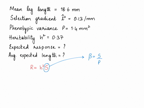 in-a-study-of-selection-on-the-leg-length-of-migratory-locusts-the-mean-leg-length-is-186-mm-the-selection-gradient-is-013mm-the-phenotypic-variance-is-p-14-mm2-and-the-heritability-is-h2-03-13448