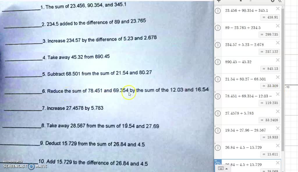 1. The sum of 23.456, 90.354, and 345.1 2. 234.5 added to