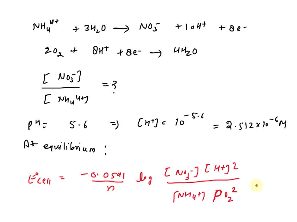 The oxidation of NH4+ to NO3- in acid solution (pH = 5.600) is ...